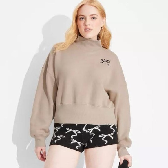 Wild Fable 🎀 Velour Bow Detail Fleece-Lined Mock-Neck Sweatshirt - Picture 5 of 5